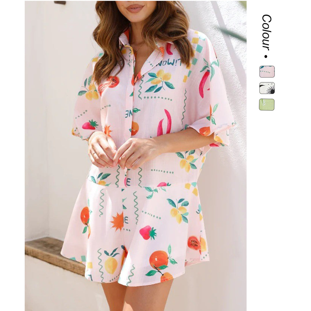 Women's casual short-sleeve set with fruity pattern and comfortable fit