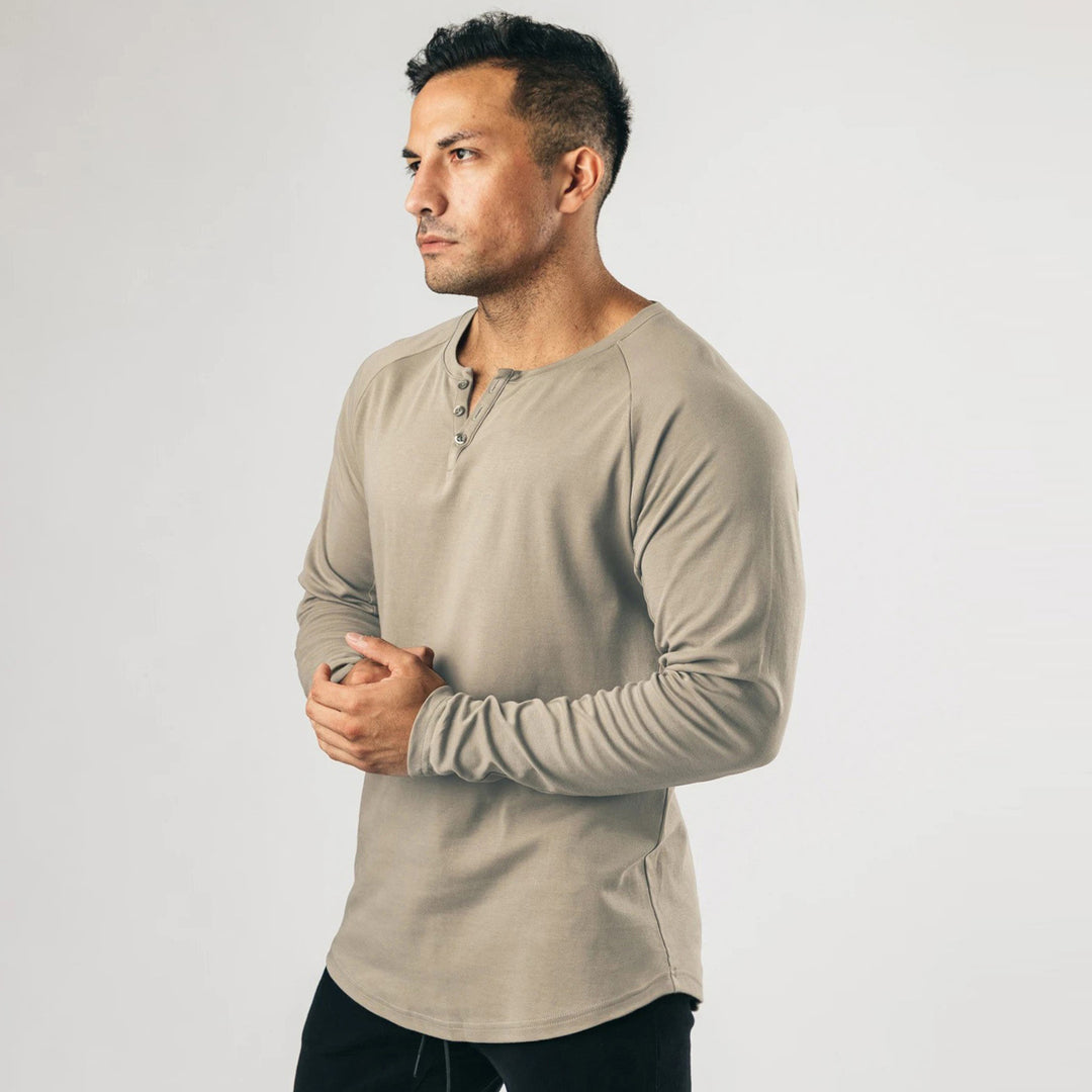 Men's Long Sleeve Henley T-shirt with a high-quality cotton blend and a buttoned collar Lune London