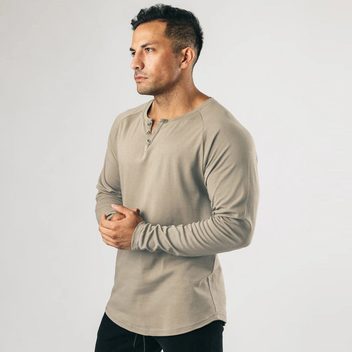 Men's Long Sleeve Henley T-shirt with a high-quality cotton blend and a buttoned collar Lune London