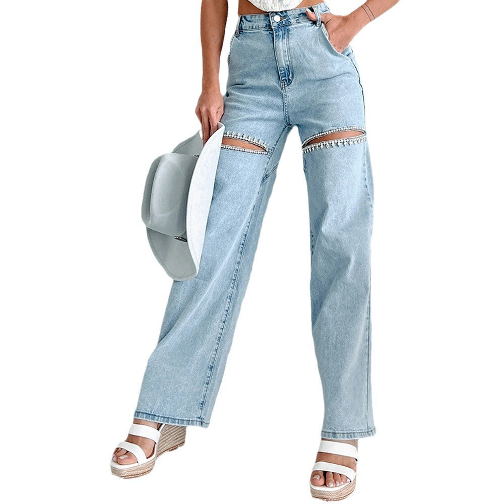 High-waisted jeans for women with an original cut-out design and discreet rhinestone appliqués Lune London