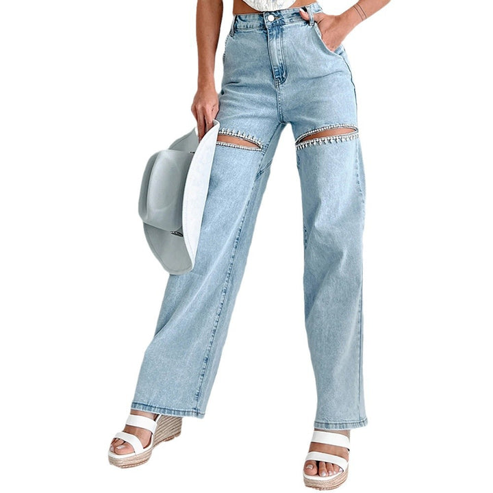 High-waisted jeans for women with an original cut-out design and discreet rhinestone appliqués Lune London