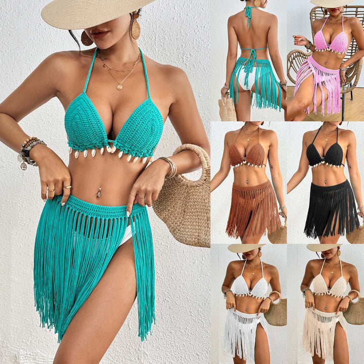 Crochet bikini set with halter for women and fringe skirt Lune London