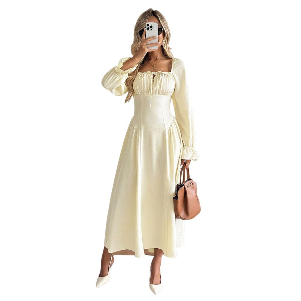 Elegant maxi dress for women with sophisticated drawstring and puff sleeves Chic & Stil