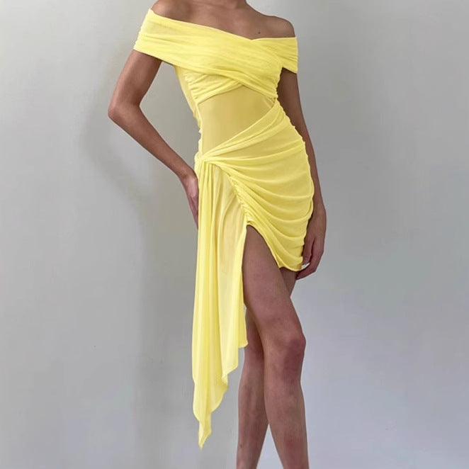 Mini off-shoulder dress for women with ruffle details and transparent inserts Lune London