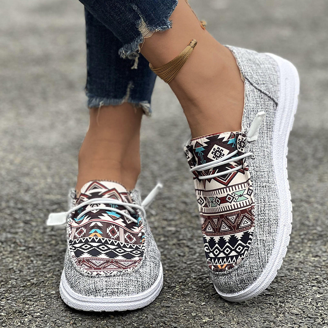 Casual slip-on sneakers for women with a trendy ethnic pattern Lune London