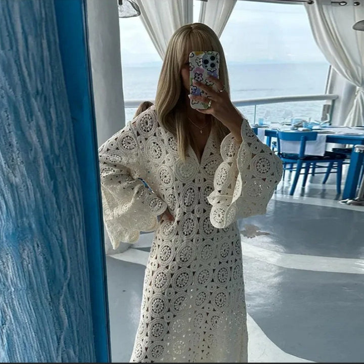 Women's crochet beach dress with flared sleeves and an elegant cut Lune London