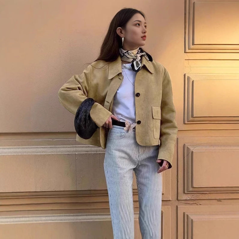 Suede jacket for women with modern button details and applied pockets Lune London