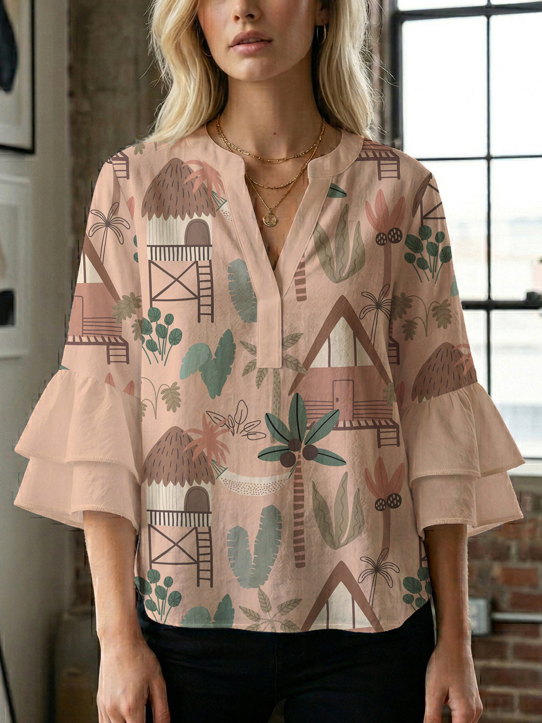 Women's blouse with ruffle details and eye-catching animal print Lune London