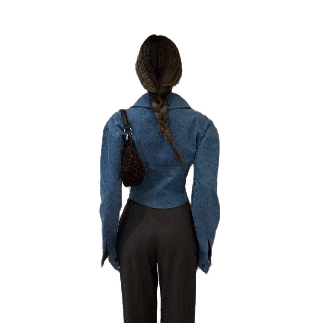 Ladies Fashion Denim Jacket with Voluminous Sleeves and Asymmetrical Cut Lune London