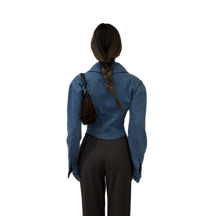 Ladies Fashion Denim Jacket with Voluminous Sleeves and Asymmetrical Cut Lune London