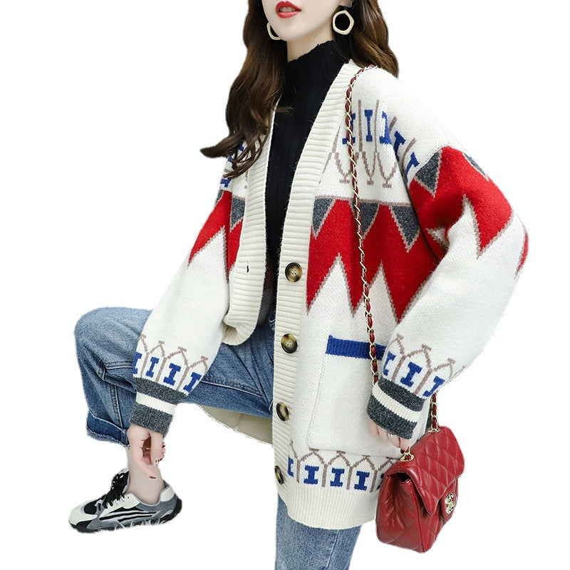 Knitted jacket for women with a colorful design and large buttons Lune London
