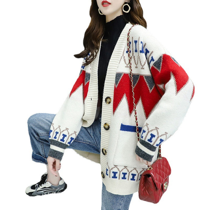 Knitted jacket for women with a colorful design and large buttons Lune London