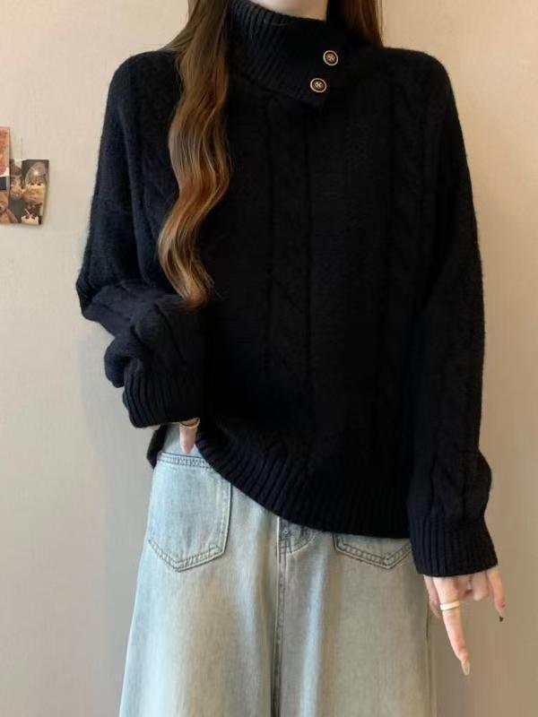 Sweater en tricot épais pour femmes avec col montant et détails en boutons Chic & Stil
