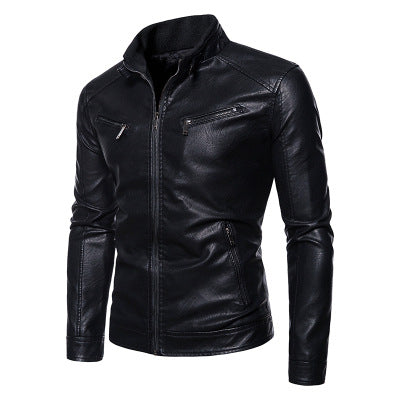 Men's leather jacket with modern high collar and innovative zippered pockets Lune London