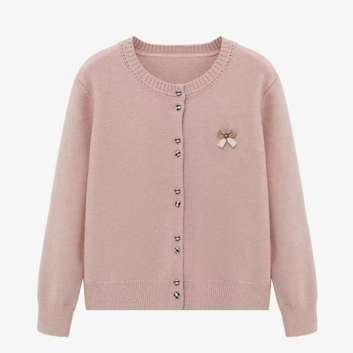 Ladies comfortable knitted cardigan with shiny buttons and decorative application Lune London