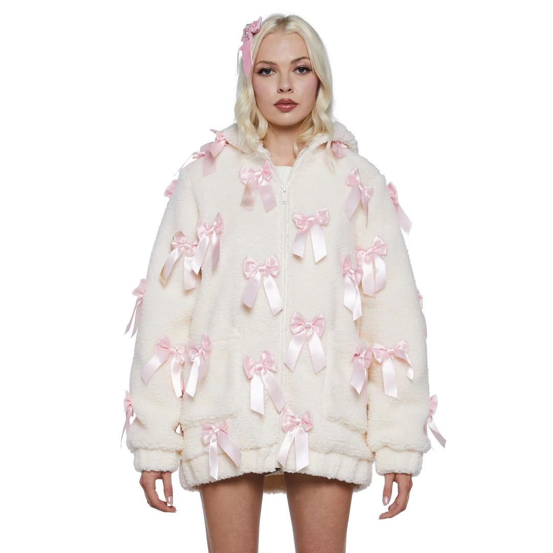 Fleece jacket for women with elaborate satin bows Lune London