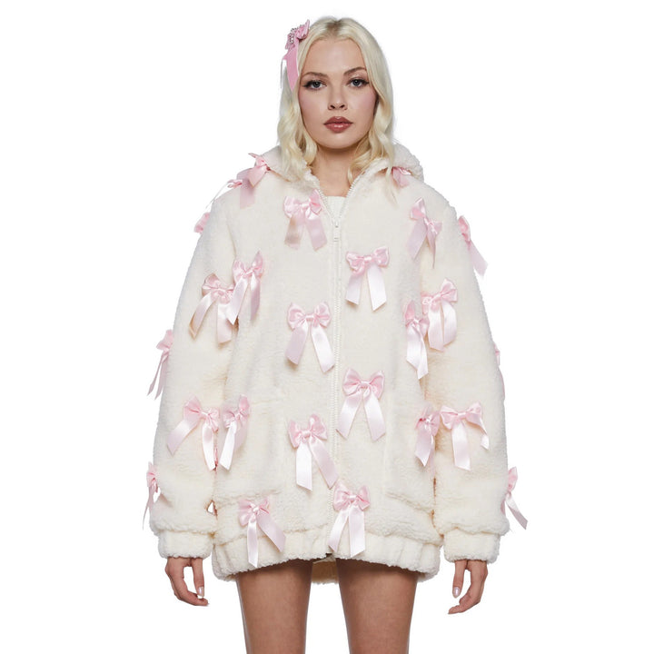 Fleece jacket for women with elaborate satin bows Lune London