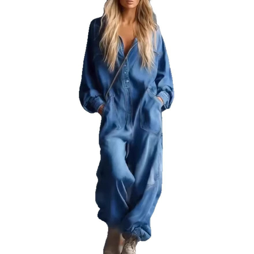 Combinaison en denim décontractée pour femmes avec capuche et poches pratiques Chic & Stil