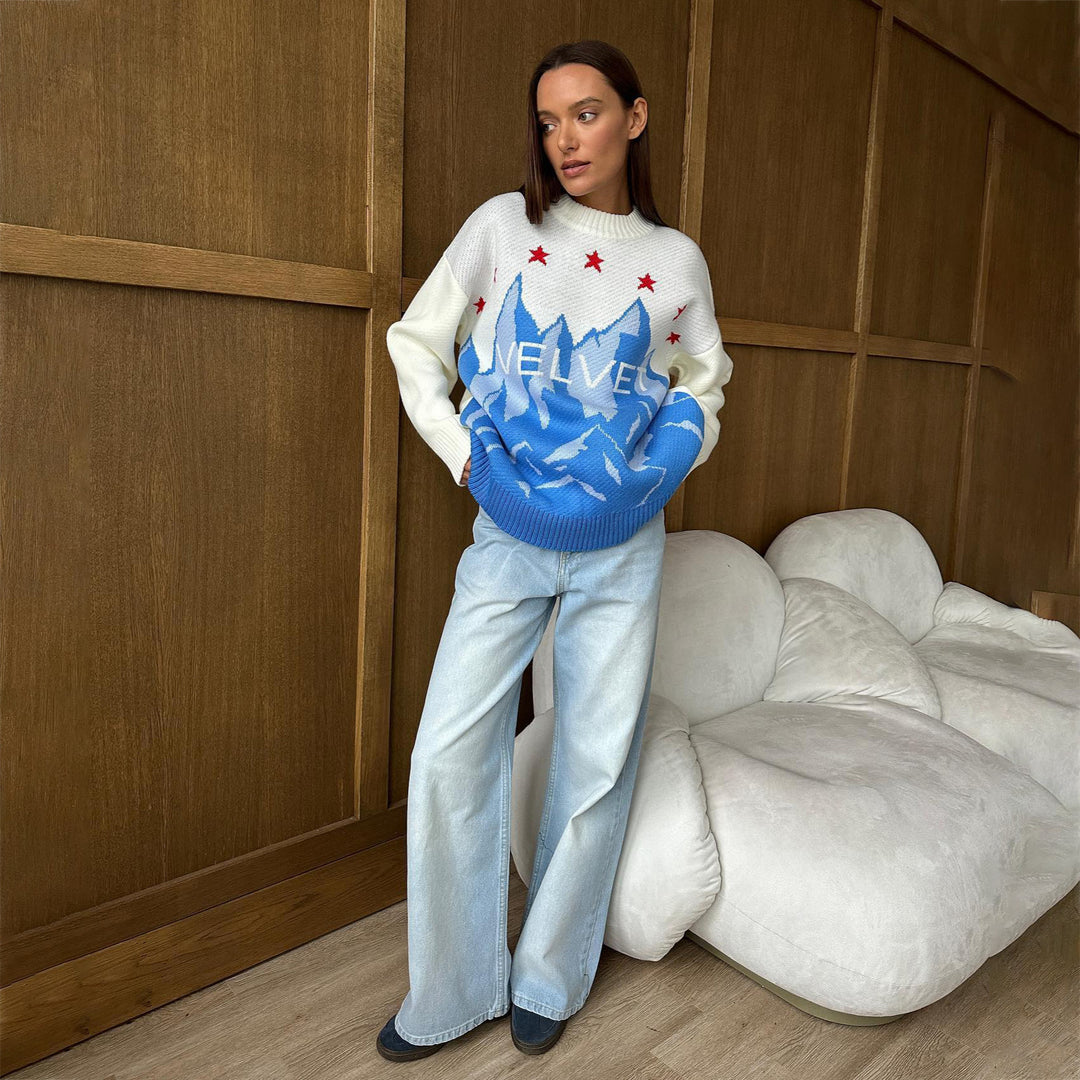 Knitted sweater for women with graphic design of mountains and stylish stars Lune London
