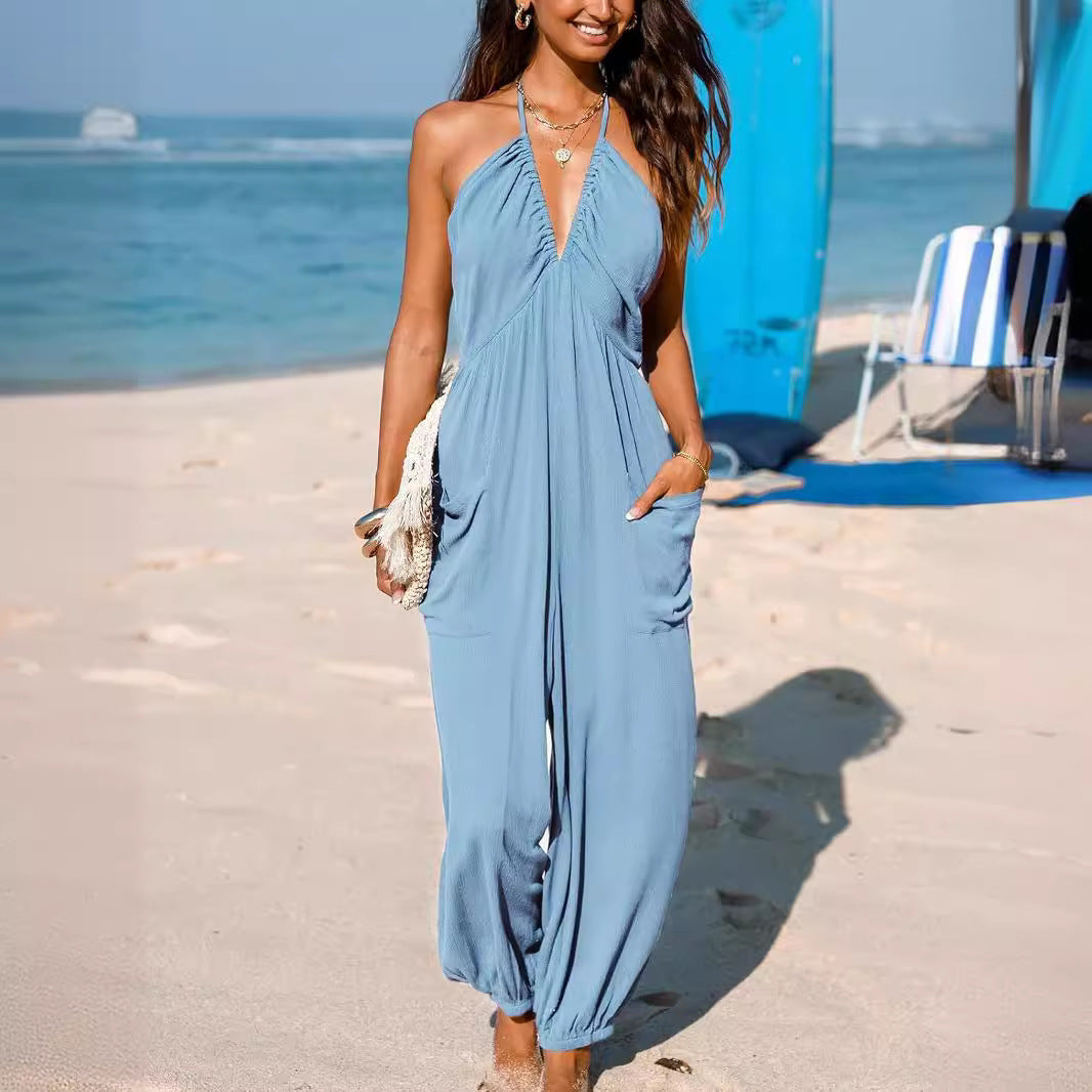 Ladies casual jumpsuit with plunging neckline and practical pockets Chic and Style