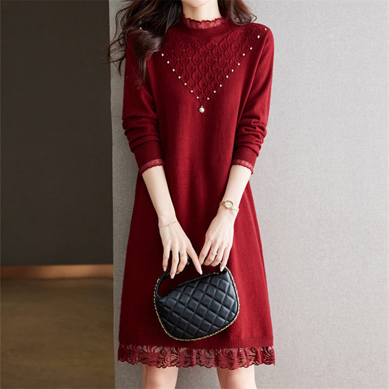 Knit dress for ladies with high collar and lace finish Lune London