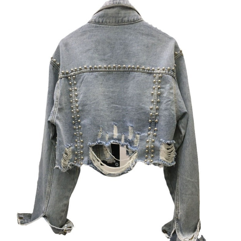 Veste en jean de créateur pour femmes avec clous et franges Chic & Stil