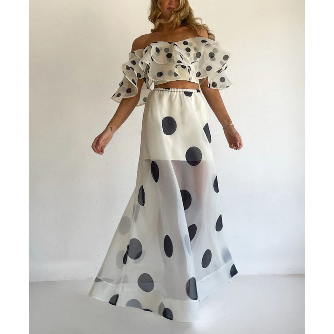 Ladies' maxi skirt set with off-shoulder top and playful ruffle design