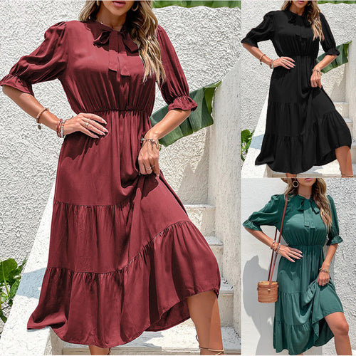Fluid maxi dress for women with belt and ruffles Lune London