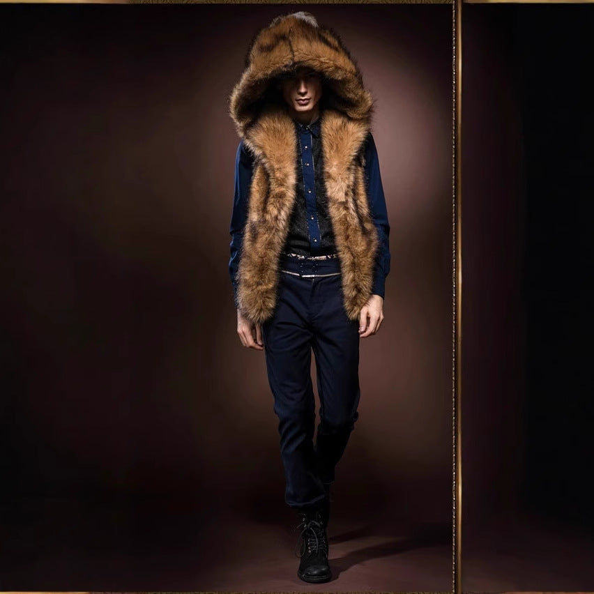 Men's Elegant Faux Fur Coat with Deep Collar and Luxurious Chic Design