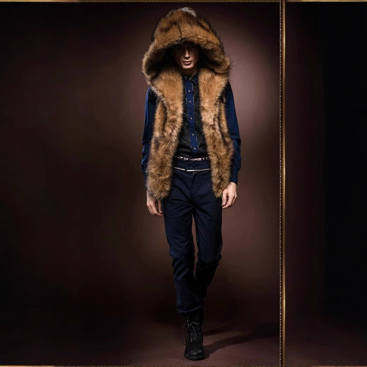 Men's Elegant Faux Fur Coat with Deep Collar and Luxurious Chic Design