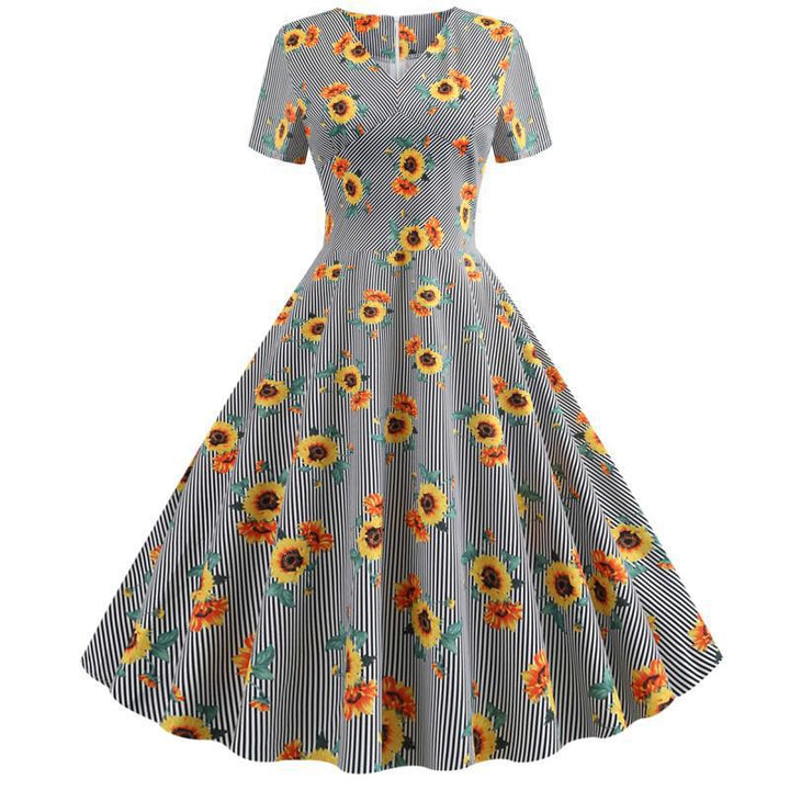 Robe swing rétro pour femmes avec motif floral de tournesols et coupe ajustée Chic & Stil