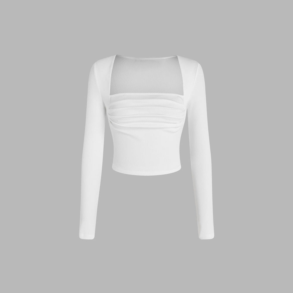 Cropped long sleeve blouse for women with a sophisticated draped design and trendy round neck Chic & Stil