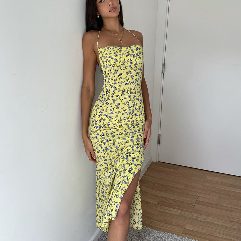 Midi dress for women with floral pattern and slit Lune London