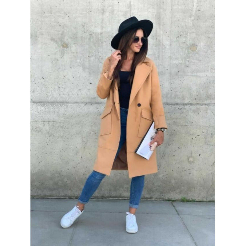 Modern long women's jacket with deep lapels and practical pockets Lune London