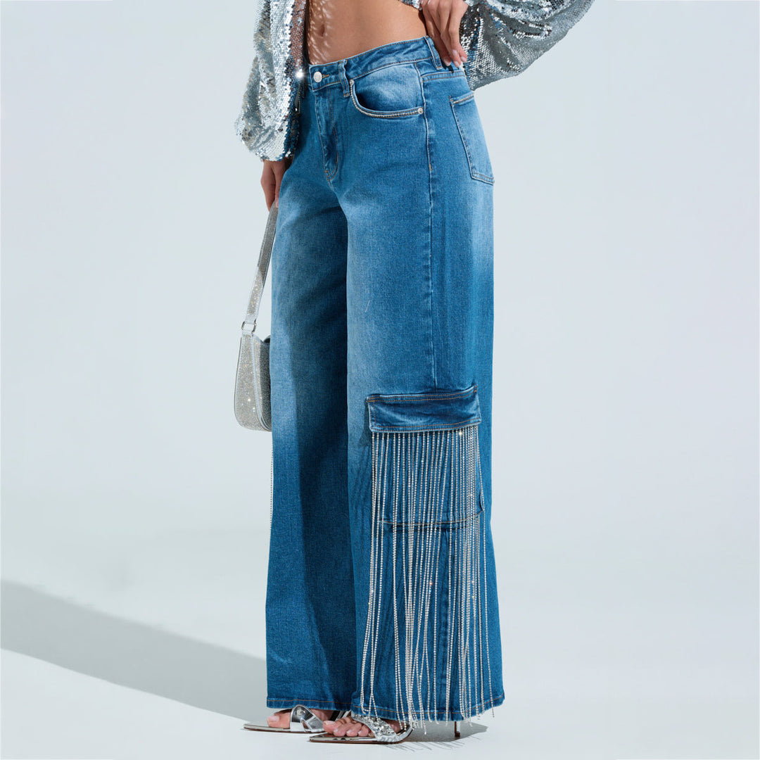 Women's cargo jeans with sparkling fringes and deep side pockets Lune London