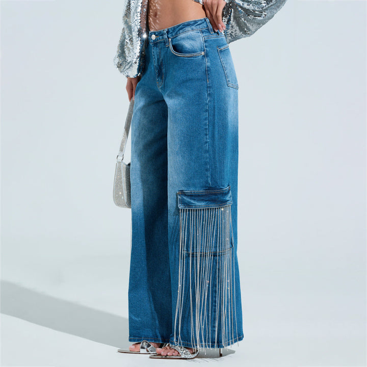 Women's cargo jeans with sparkling fringes and deep side pockets Lune London