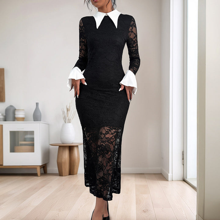 Elegant midi lace dress for women with contrast collar Lune London