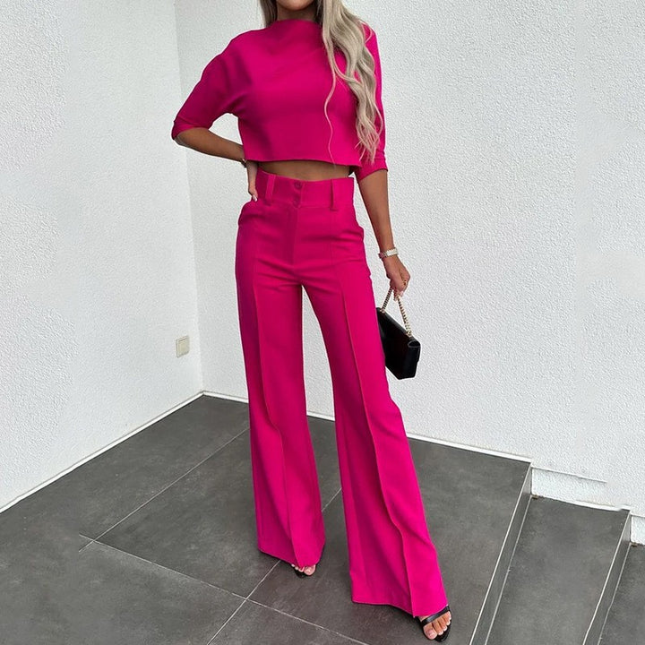 Woman trendy cropped top with elegant palazzo pants Lune London