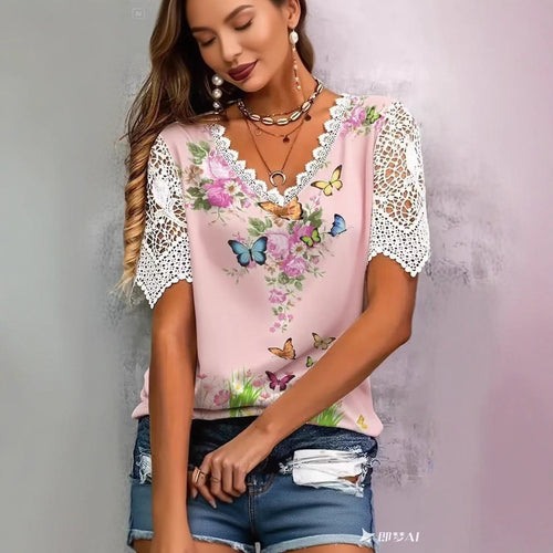 Women's blouse with floral lace and playful butterfly print Lune London