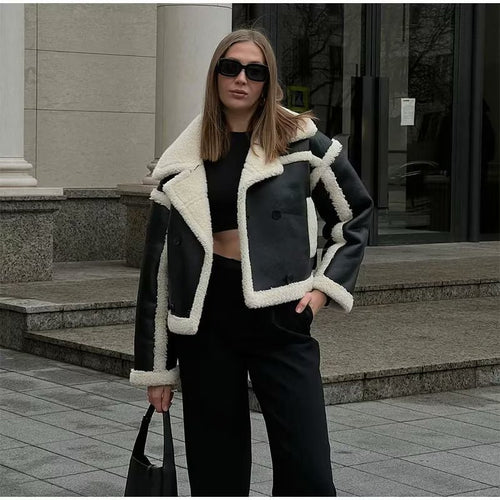 Casual faux leather jacket for women with teddy fur collar and double buttons Lune London