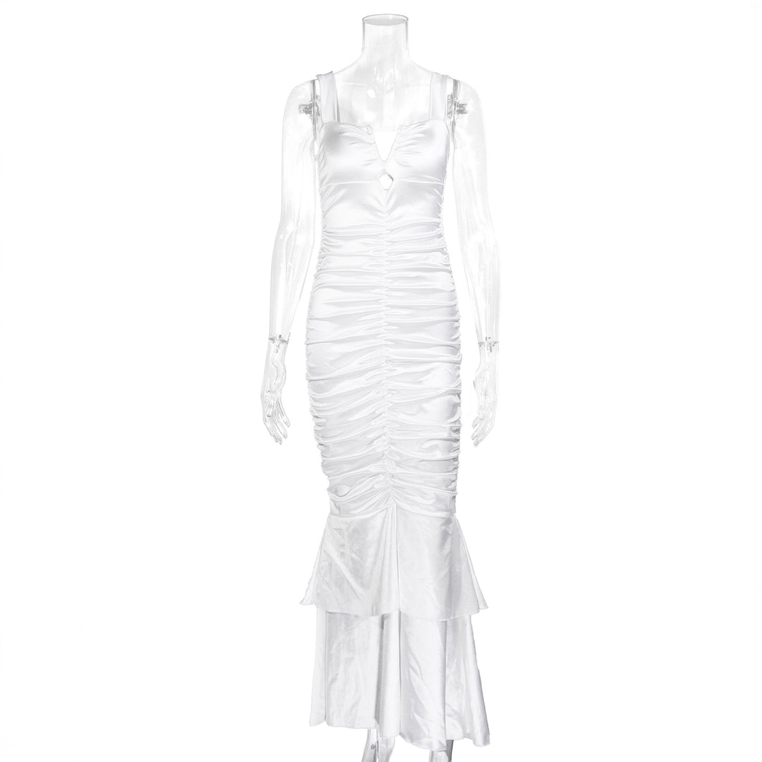 Women's Figure-hugging Satin Maxi Dress with Ruffle Details Lune London