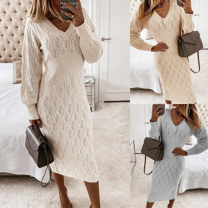 Knitted dress for women with semi-transparent pattern and elegant V-neck Lune London
