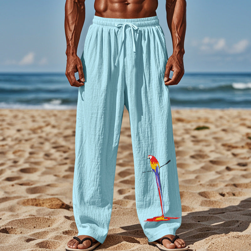 Light beach pants for men with colorful parrot design Lune London