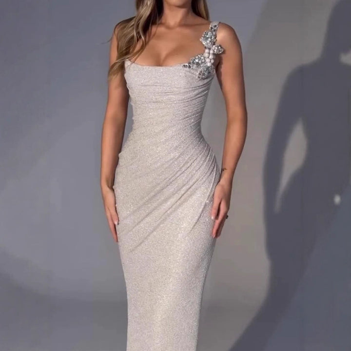 Women's Elegant Evening Dress with Shimmering Wrap Design and Floral Appliqués Lune London