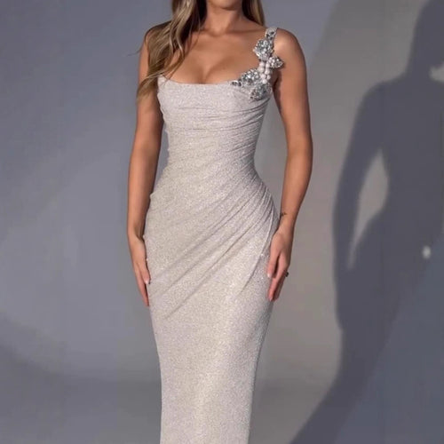 Women's Elegant Evening Dress with Shimmering Wrap Design and Floral Appliqués Lune London
