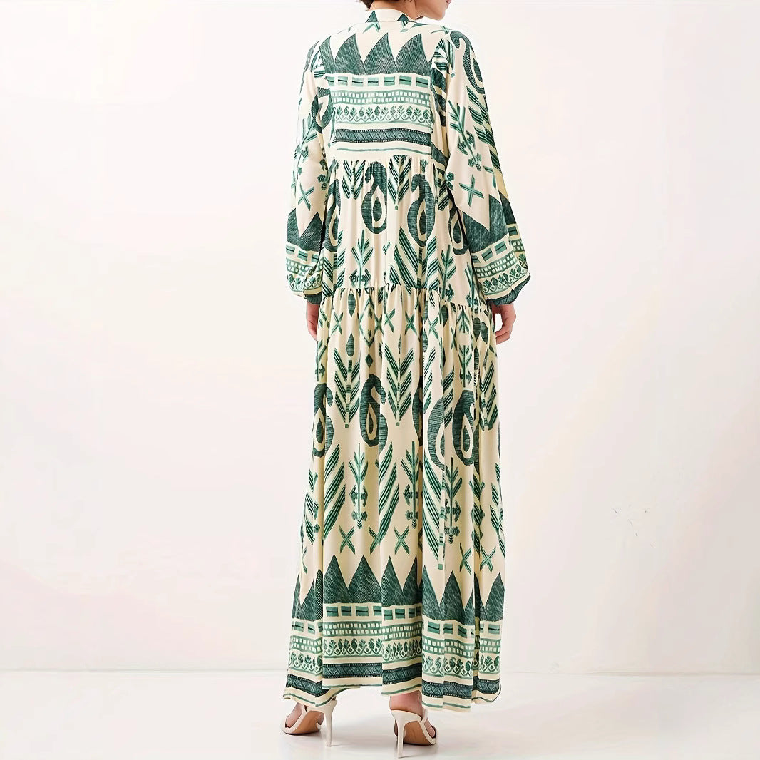 Maxi dress for women with artistic geometric pattern and button details Lune London