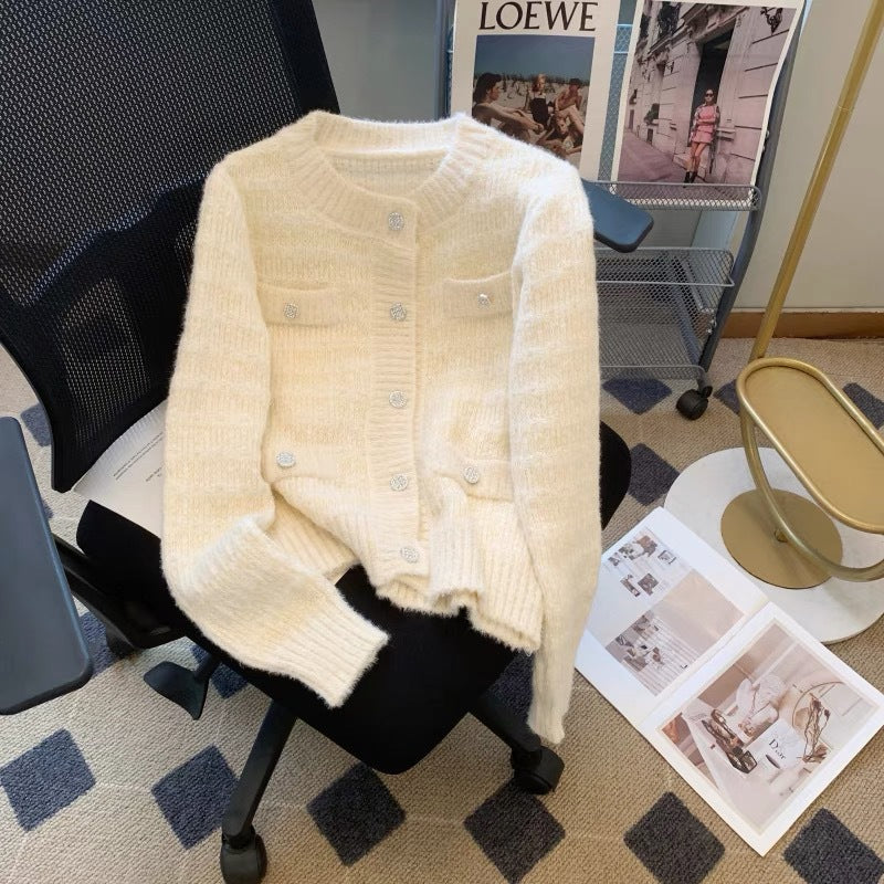 Ladies soft structured knit jacket with button detail and pockets Lune London