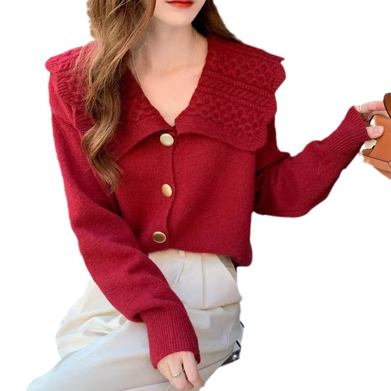 Knit jacket for women with wide collar and decorative buttons Lune London