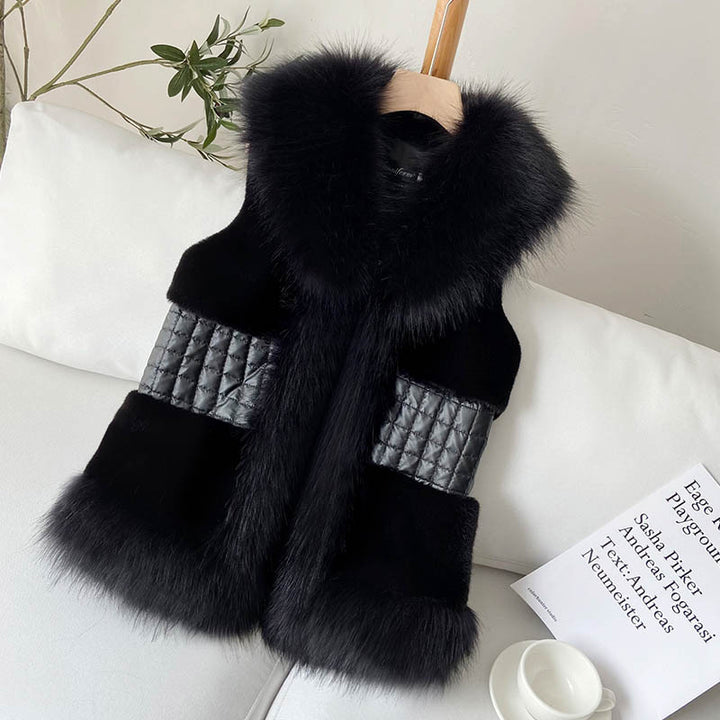 Women Elegant Faux Fur Gilet with High Collar and Shiny Belt Lune London