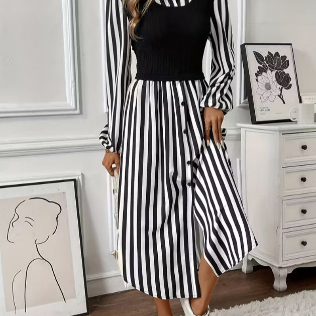 Robe rayée pour femmes avec haut ajusté et patte de boutonnage Chic & Stil